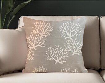 Pillow textured grey fabric with ivory corals nautical ocean coastal cottage Island Luxe vacation Yacht club, beach house, Resortcore
