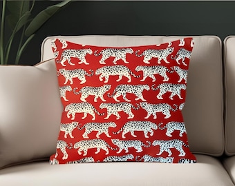 Pillow Tiger Walk in red Indoor Outdoor fabric by PK Lifestyles. Tigers, safari, animal print. tiger graphic. Sunroom, patio, or boat pillow