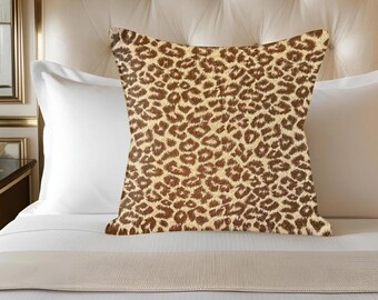 Luxury custom pillow cover in animal print “Wild Thing” leopard print by Kravet fabric in walnut browns, beige, neutral. Safari