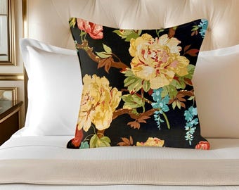 Pillow Vintage linen fabric with floral cozy country cottage yellow Peony, Garden Rose, Dark garden, roses, wisteria, sofa or bed