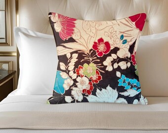 Velvet pillow floral print Regal designer fabric, unique, dark garden, designer