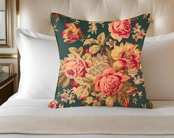 Ralph Lauren Luxury vintage Adirondack Floral pillow cover Teal with cabbage roses. Rare Romantic floral cottage style print. Messy Coquette