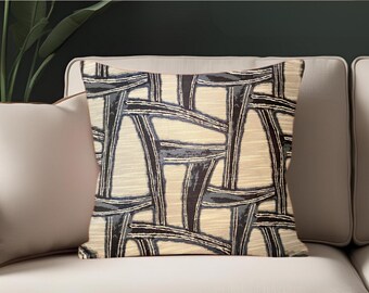 Mid Century Modern inspired luxury Abstract print Designer pillow cover in Ivory, grays, and blues for your home. MCM