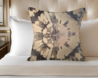 Designer pillow cover in Ivory, silver tones, grays, and blues. Luxury fabric with a popular modern artistic style tie dye look print.