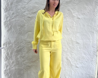 Linen Clothing Set for Women – Breathable Yellow Two Piece Outfit