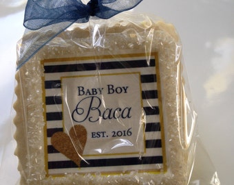 custom cookie favors baby shower navy and gold stripes-- 1 dozen