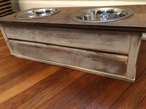 Extra Small Elevated Dog Feeder With Storage White Distressed Etsy
