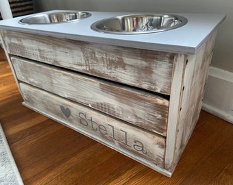 Medium/Large Distressed White Dog Feeder with Storage/Gray Lid