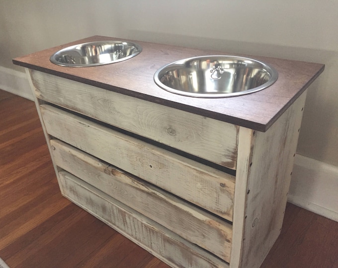 Extra Large Dog Feeder With Storage/elevated Stand/white Distressed
