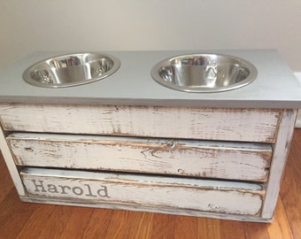 White Distressed Dog Feeder with Storage/Gray Lid/Small/Medium Sized Dogs/Elevated Stand