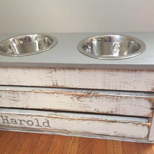 White Distressed Dog Feeder with Storage/Gray Lid/Small/Medium Sized Dogs/Elevated Stand
