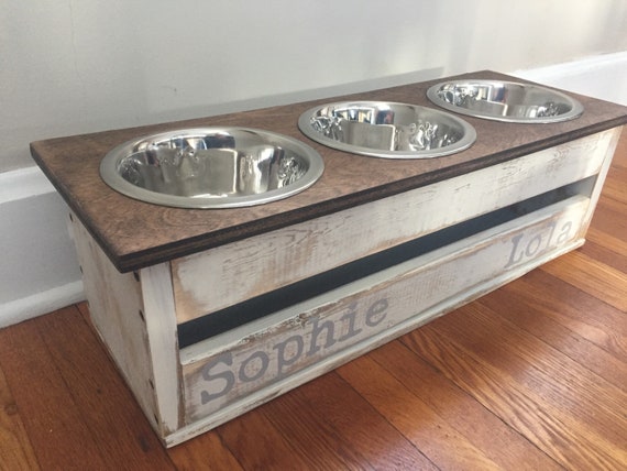 Small Three Bowl Dog Feeder With Storage Elevated Feeding Etsy