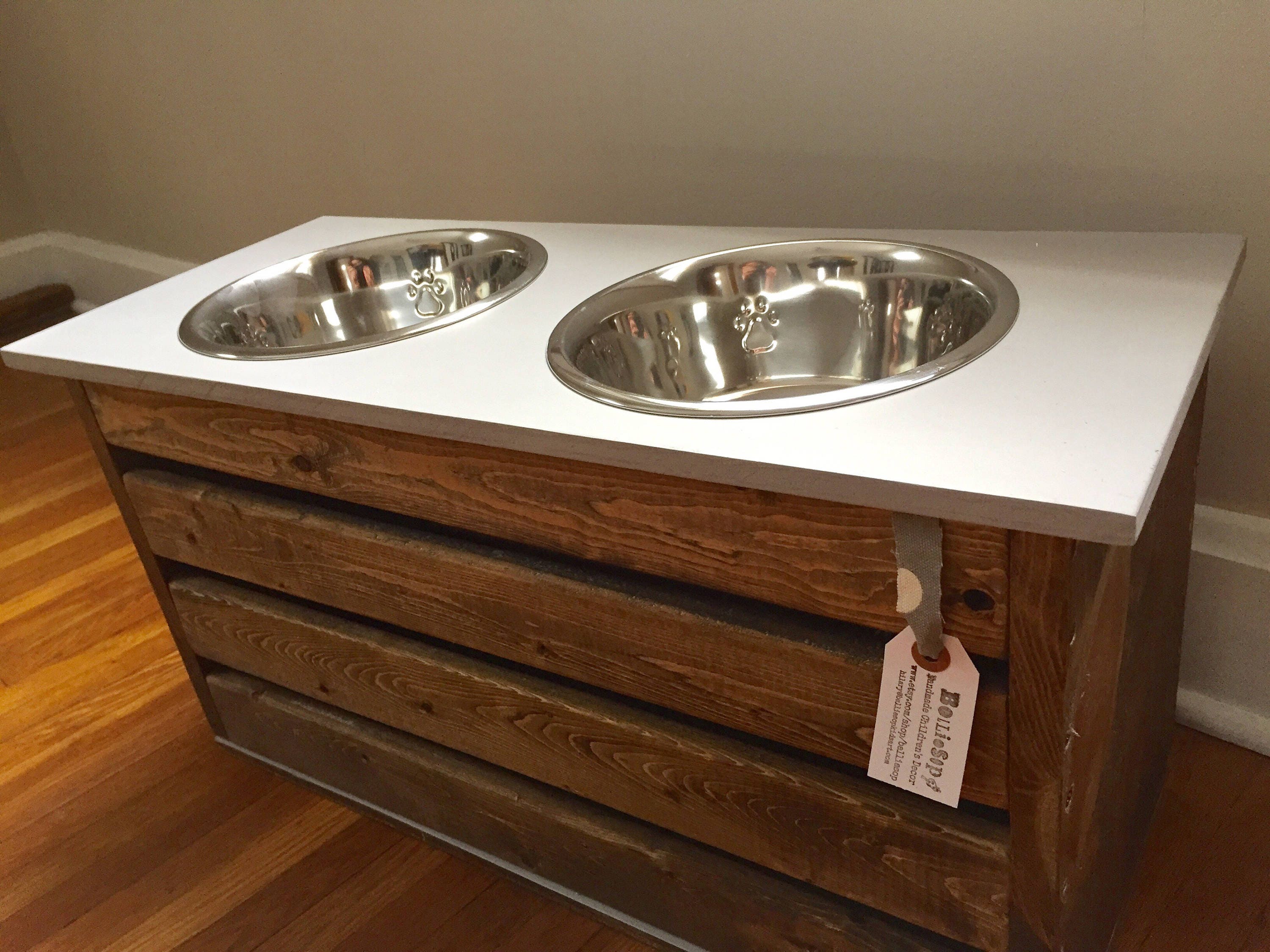 Medium/Large Stained Dog Feeder with Storage/Gray Lid/Elevated Feeding Stand