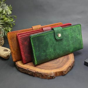 Cartera unisex de piel 100 % natural, hecha a mano. Cartera de viaje rústica alargada en varios colores.