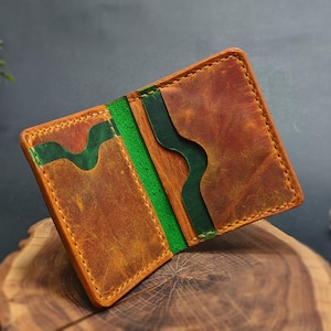 Handgefertigter Leder Kartenhalter für Damen & Herren – Minimalistische schlanke Brieftasche – Zweifarbige kompakte EDC Brieftasche für Herren & Damen