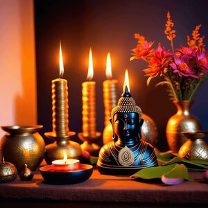 Könnte beinhalten: Eine schwarze Buddha-Statue mit goldenen Akzenten steht neben drei hohen, gerippten goldenen Kerzen und einem kleinen brennenden Teelicht. Eine goldene Vase enthält leuchtend rosa Blumen, ergänzt durch zwei weitere goldene Gefäße.