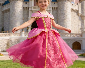 Aurora Inspired Princess Dress, Off Shoulder Sparkle Tulle Gown with Accessories for Girls