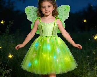 Tinker Bell Inspired Girls Dress with LED Lights and Wings, Princess Fairy Costume