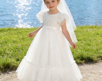 Personalized Ivory Lace Tulle Flower Girl Dress, Vintage Rustic Wedding Communion Dress, Boho Gown