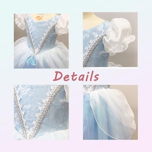 May include: A light blue dress featuring a textured floral pattern, white puff sleeves, and silver star-shaped trim along the bodice. The garment includes a layered tulle skirt and is presented in a four-panel collage labeled with the text Details.