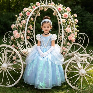 May include: A light blue gown with a shimmering skirt, white puff sleeves, and a lace bodice. The dress is paired with white elbow-length gloves, a black choker necklace, and a light blue headband, all worn inside a white metal carriage frame.