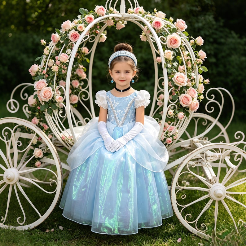 May include: A light blue gown with a shimmering skirt, white puff sleeves, and a lace bodice. The dress is paired with white elbow-length gloves, a black choker necklace, and a light blue headband, all worn inside a white metal carriage frame.
