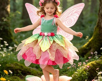Disfraz de princesa hada, vestido de elfo con flores verdes y rosas, vestido para fiesta de cumpleaños de niña, atuendo de Halloween.