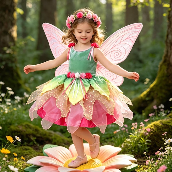 Fairy Princess Costume,Green Pink Flower Elf Dress,Girls Birthday Party Dress,Halloween Outfit