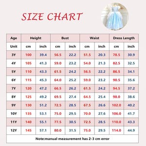 May include: A size chart table for a light blue dress, featuring columns for age, height, bust, waist, and dress length in both centimeters and inches for ages 3 to 12. A small circular inset shows the light blue dress with a full skirt.