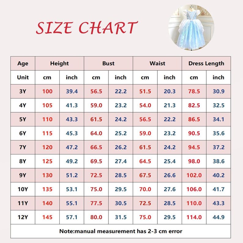 May include: A size chart table for a light blue dress, featuring columns for age, height, bust, waist, and dress length in both centimeters and inches for ages 3 to 12. A small circular inset shows the light blue dress with a full skirt.