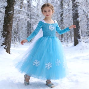 women's light blue winter princess dress with snowflakes Elsa Costume Princess Dress Girls Light Up Dress Snowflake Trailing Pa  Sun Baby quality materials Winter Snowflake Silver Dusty Blue