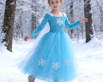 Elsa Princess Inspired Girls Dress Set, Blue Snowflake Tulle Dress with Crown and Wand