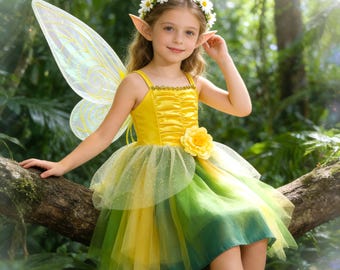 Green Fairy Costume for Girls, Tinker Inspired Dress with Wings, Woodland Fairy Princess Tutu