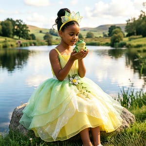 May include: A yellow and light green sleeveless dress with a layered tulle skirt, a white waistband, and a floral accent. The dress is paired with a matching yellow and green leaf-shaped headband. A small green frog figurine is held in the hands.