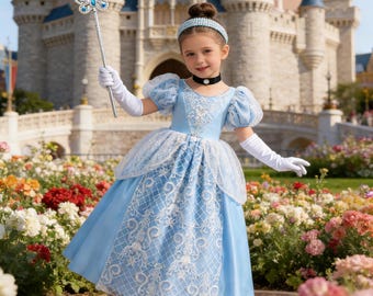 Blue Princess Ball Gown with Accessories, Personalized Princess Dress for Girls, Custom Name Birthday Costume