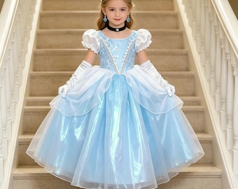 Vestido de baile inspirado en Cenicienta, vestido de princesa azul iridiscente con accesorios, disfraz para fiesta de cumpleaños.