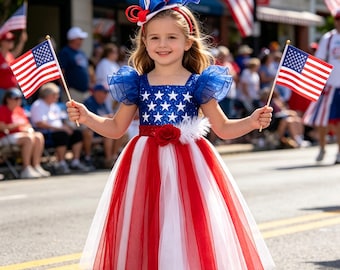 Vestido patriótico de tul para niñas, vestido rojo, blanco y azul con estrellas, atuendo para el 4 de julio, vestido para el aniversario de EE. UU.