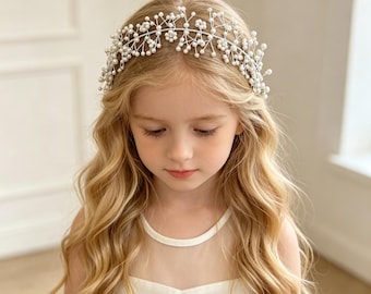 Diadema de flores de perlas, diadema de cuentas trenzadas para novias, accesorios para el cabello de boda, tocado de primera comunión.