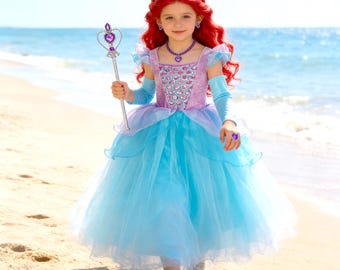 Mermaid Princess Dress Set for Girls, Ariel Inspired Costume, Birthday Party Dress Up Outfit