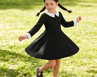Wednesday Inspired Dress, Black Long Sleeve Peter Pan Collar Dress, Gothic School Girl Outfit