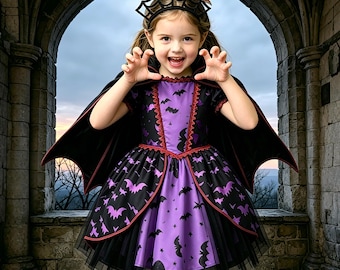 Little Witch Vampire Costume Set, Bat Print Tutu Gown, Spider Girl Halloween Cosplay Party Outfit for Trick or Treat