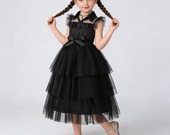 Wednesday Inspired Black Dress for Girls with Necklace, Gothic Tulle Party Dress, Halloween Costume