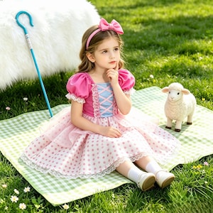 May include: A young girl in a pink dress with a blue bodice and a pink bow in her hair sits on a green and white checkered blanket. A stuffed sheep and a blue shepherd's crook are nearby. The dress has a polka dot skirt.