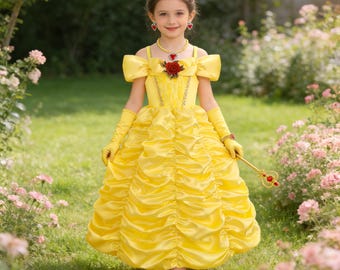 Girls Yellow Belle inspired Dress,Fairytale BallGown with Accessories,Rose Beauty Birthday Party princess Outfit