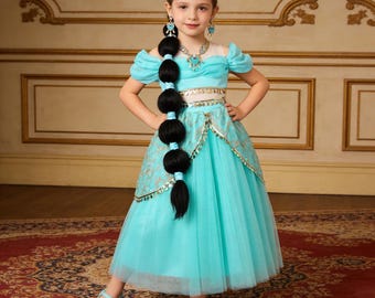 Princess Jasmine inspired Dress for Girls, Aladdin Costume, Heirloom Birthday Party Pageant Gown, Accessories