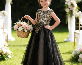 Flower Girl Lace Dress with Headpiece, Black Floral Embroidery Tulle Gown, Gold Formal Dress