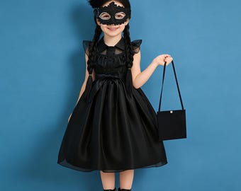 Wednesday Inspired Girls Dress, Black Elegant Party Dress with Mask and Purse, Gothic Outfit