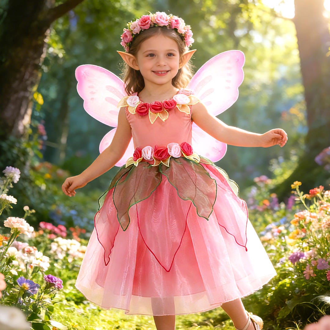 Girls Flower Fairy Princess Dress Pink Tulle Gown With Butterfly Wings girls-flower-fairy-princess-dress-pink-tulle-gown-with-butterfly-wings