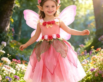 Girls Flower Fairy Princess Dress, Pink Tulle Gown with Butterfly Wings, Floral Fairy Costume