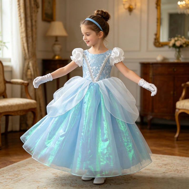 May include: A light blue floor-length dress with short puffed white sleeves, a bodice featuring white floral lace overlays, and a full skirt with a shimmering iridescent finish. The outfit includes a light blue headband and white wrist-length gloves.